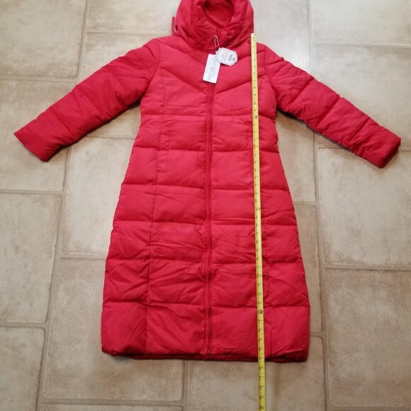 ✅Hooded Red Puffer Jacket Knee Length Zip Up Winter Coat Women's M *SEAM SPLIT* - Picture 6 of 16